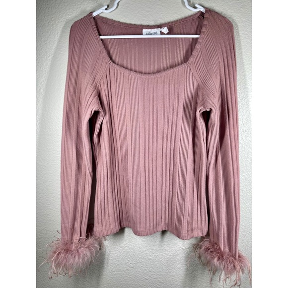 Willow Root Ribbed Knit Feather Cuff Long Sleeve Top Mauve Pink L - Picture 1 of 7